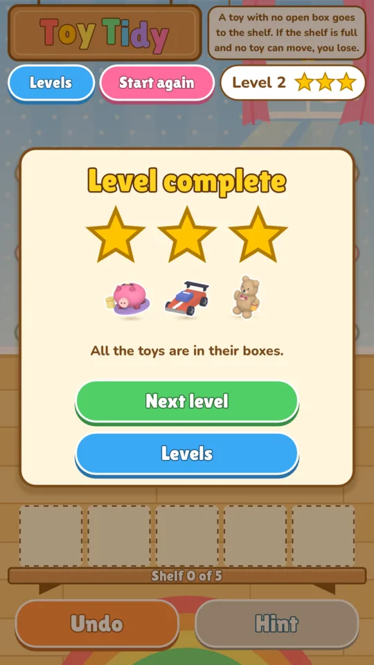 The Level complete panel with three stars.